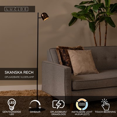 Lucide SKANSKA RECH - Oplaadbare Vloerlamp Binnen/Buiten - Accu/Batterij - Ø 23 cm - LED Dimb. - CCT - 1x3W 3000K/6000K - IP44 - Koffie
